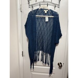 Lucky and Coco Crochet Kimono Open Knit Cardigan Sweater Fringe L XL Blue NWT